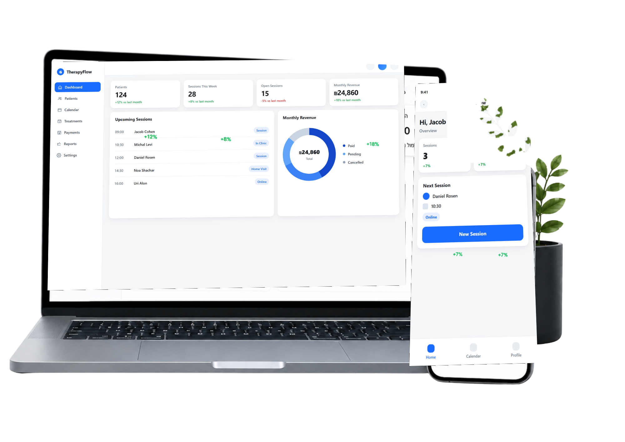 TherapyFlow clinic management dashboard on desktop and mobile